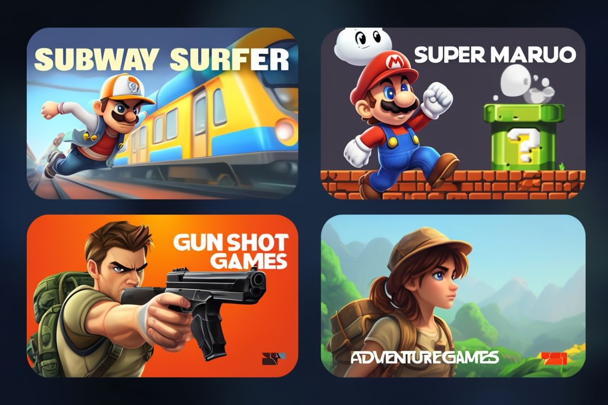 Online browser game collection featuring Subway Surfer, Super Mario, Deadshot, and other fun games in a colorful illustrated grid.